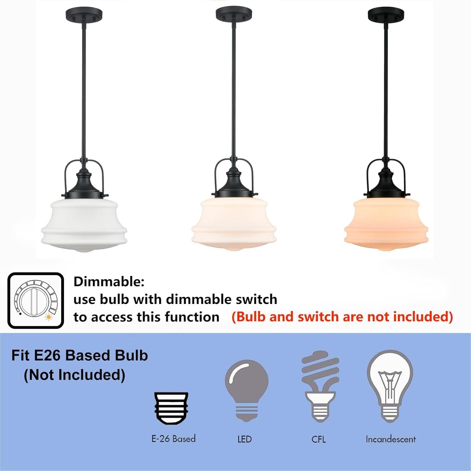 DEYNITE Industrial Black Pendant Light Rod Hanging Schoolhouse Light Milk White Shade for Kitchen Bar Bedroom Bathroom Dining Room