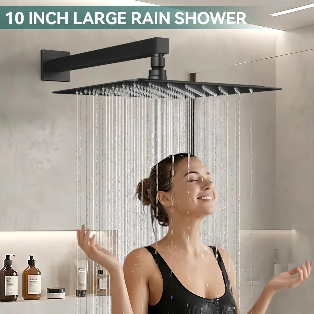 Shower Faucet Set Shower System, STARBATH 10' Wall Mount Rain Shower Head and Handheld Spray for Two Person, Rainfall Shower System with Diverter Valve and Trim Kit Complete,Matte Black