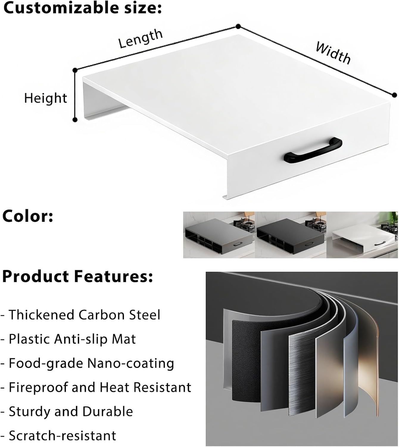 Carbon Steel Cooktop Cover, Noodle Board Stove Covers for Electric Burner, Induction Cooker Stand Kitchen Suitable Utensils(White,45x35x7cm(18x14x3in))