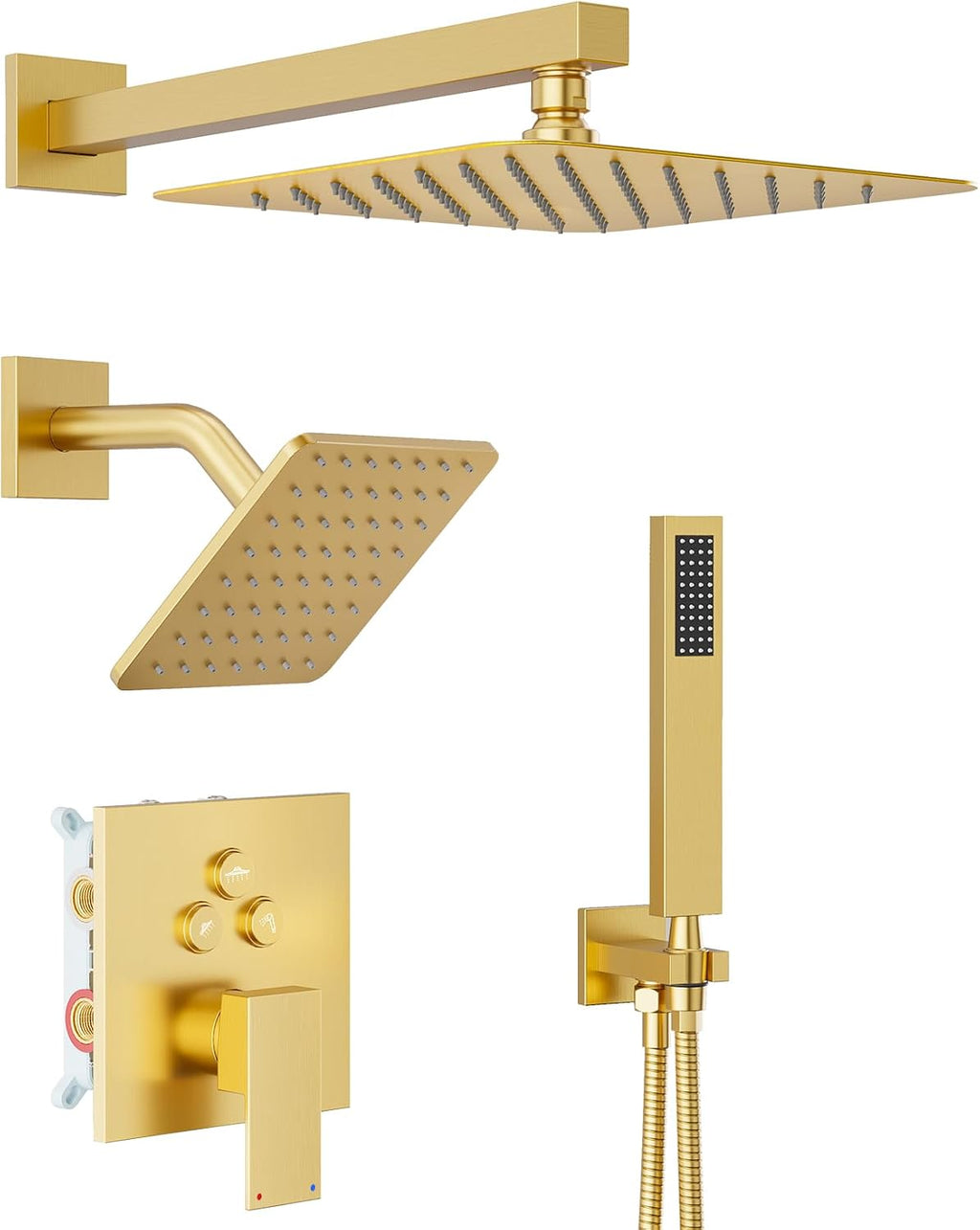 Shower Faucet Set Brushed Gold, 10+8' Dual Rain Shower Head with Handheld Spray for Two People,Wall Mount Rainfall 3 Way Shower Valve and Trim Kit Complete