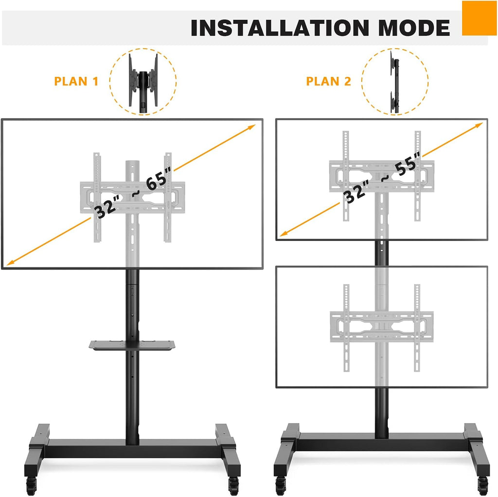 5Rcom Rolling/Mobile TV Cart with Wheels for 32 to 55 Inch LCD LED 4K Flat Curved Screen Vertical TVs-Height Adjustable Screen Tilt Rolling TV Stand for 2 TVs with Laptop Shelf Holds Up to 132 lbs