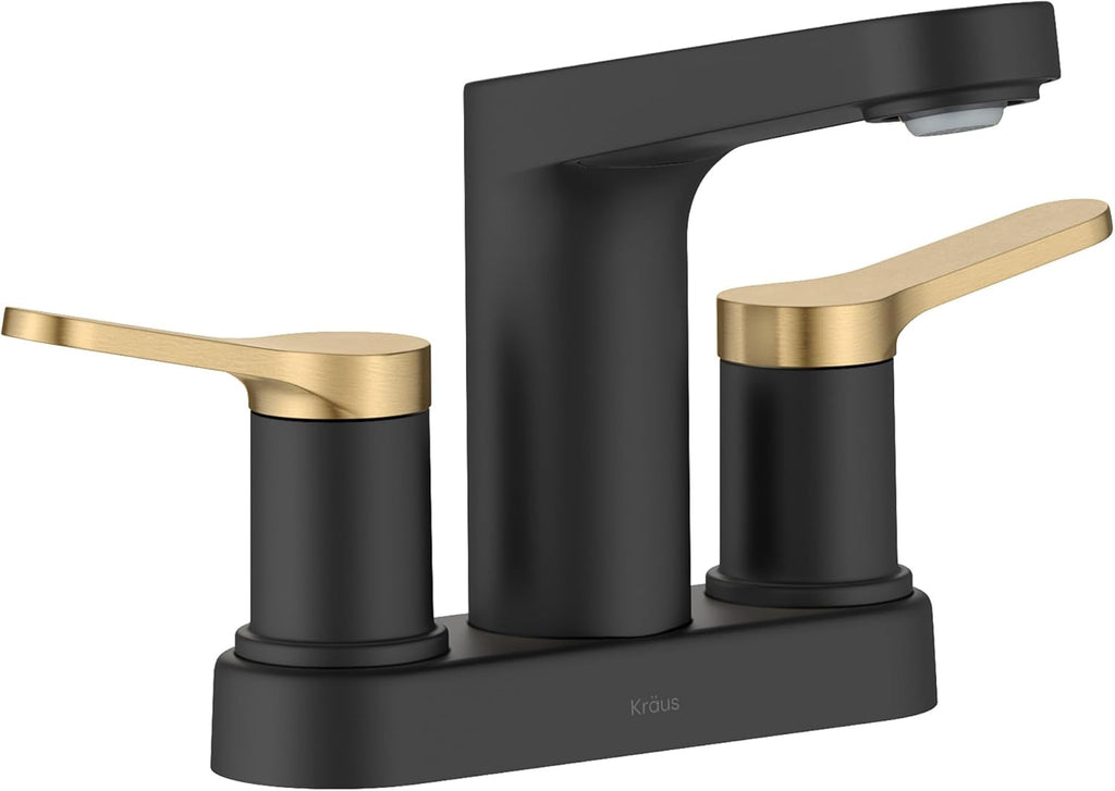 KRAUS Indy Centerset Bathroom Faucet in Spot-Free Brushed Brass/Matte Black with 2 Handles, Pop Up Drain and Supply Lines, FUS-14102SFBBMB