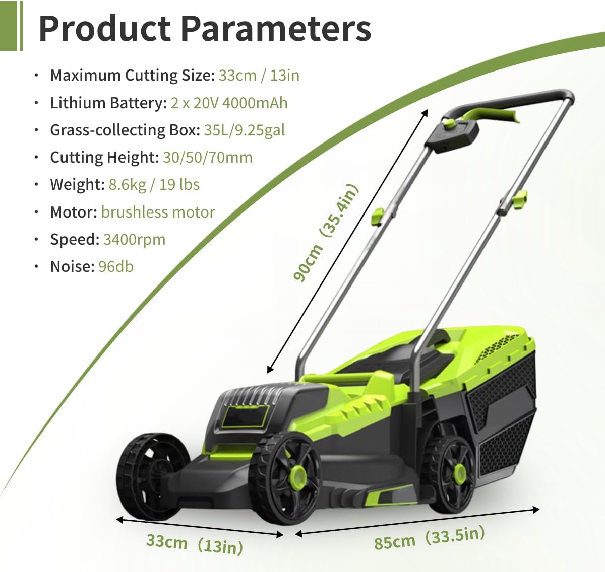 Cordless Push Mower with 40l Grass Box, 45 Minutes of Long Battery Life, 3-Speed Height Adjustment, Cutting Size 33cm, Multi-Scene Available