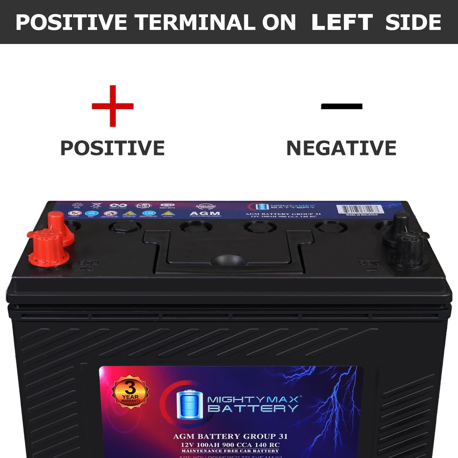 Mighty Max Battery MM-G31 Start and Stop Car BCI Group 31 12V 100AH, 140RC, 900 CCA, Rechargeable AGM Car battery