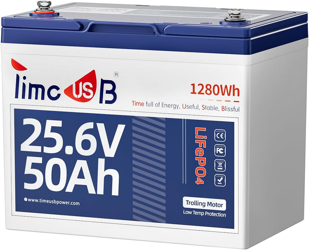 Timeusb 24V 50Ah LiFePO4 Battery with Low-Temp Protection for Trolling Motor, 24 Volt 50Ah Group24 Lithium Battery Built-in 50A Smart BMS, 1280Wh for Trolling Motor, Marine, Camping and Home Storage