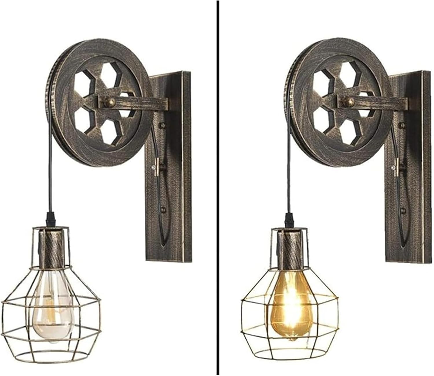 Wall Lamps & Sconces Industrial Pulley Wall Sconce Vintage Style Wrought Iron Cage Wall Lamp with Wheel Arm and Cylinder Shade Mid-Century Wall Lighting Fixture Black Wall Mounted Light for Bed(A)