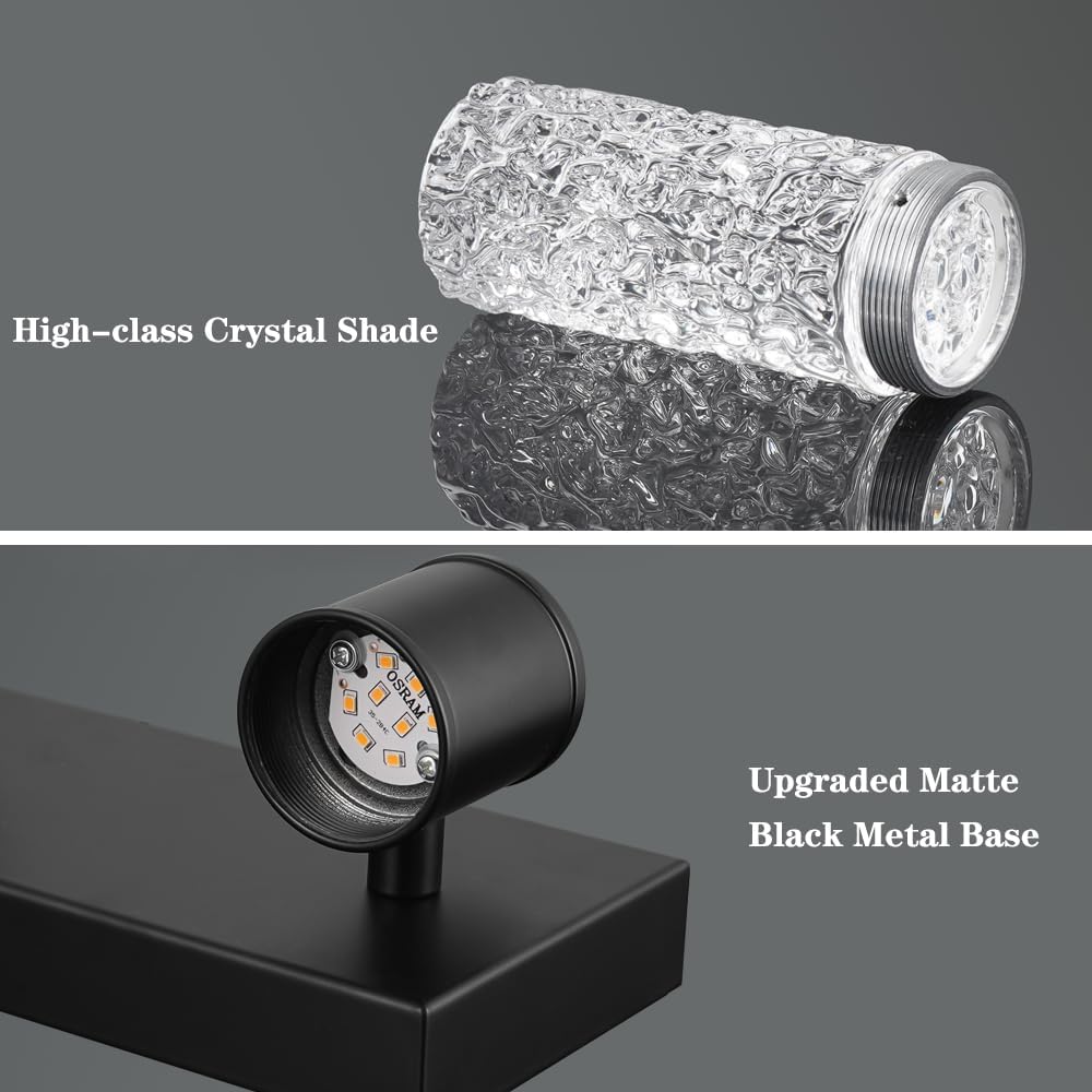 Modern Vanity Light, 6-light Black LED Vanity Light Fixture, Crystal Bathroom Lighting Fixtures over Mirror, Wall Lighting Fixtures for Bath, Wall Sconce for Bedroom Living Room, 27W Warm White