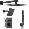 Thermostatic Dual Shower System with Wall Mount 12-Inch Rainfall Shower & 6-Inch Shower Head, Matte Black Bathroom Dual Shower Heads Faucet Set with High Pressure Handheld Sprayer