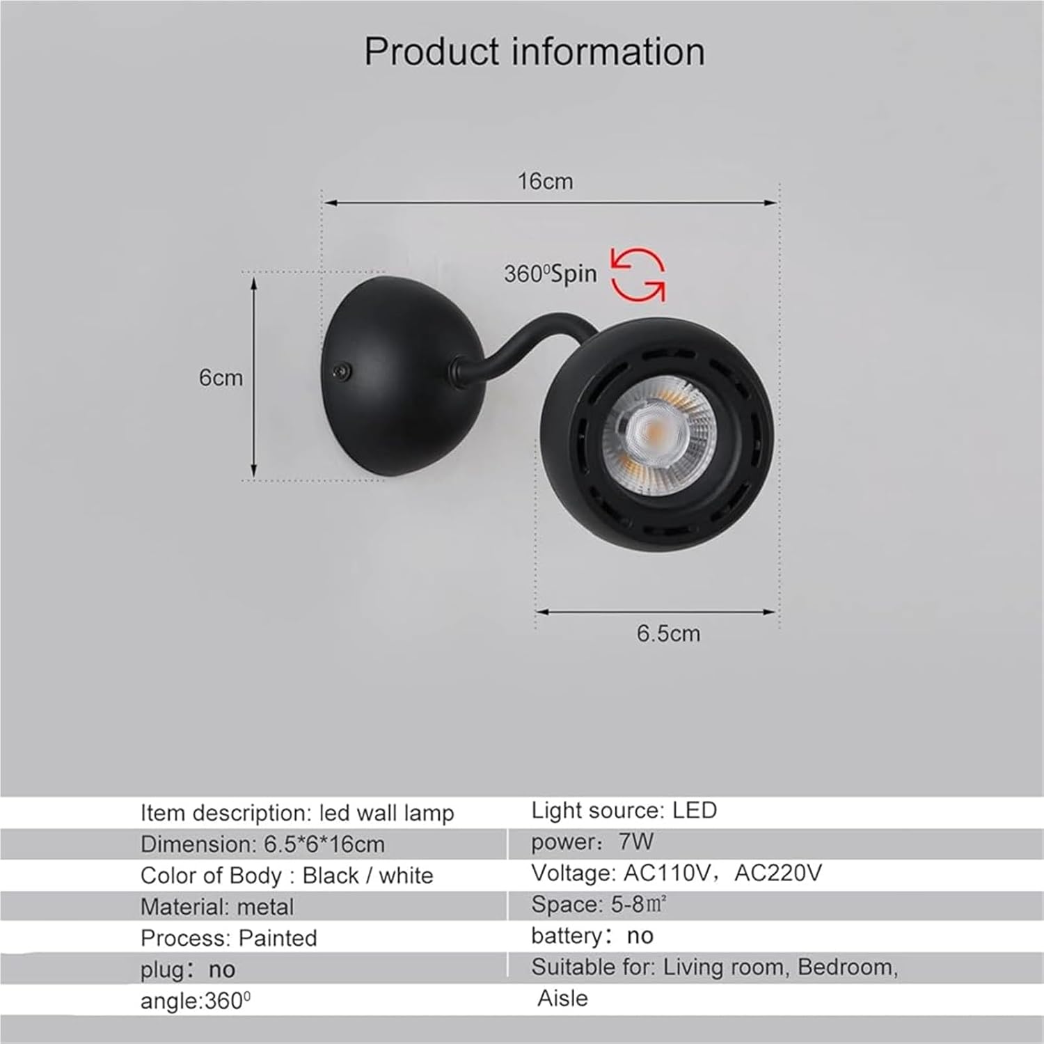 7W LED Dome Wall Lamp with Black Finish Wrought Iron Decorative Sconces Lamps 360°Adjustable Lighting Angle Modern and Simple Reading Lights for Hallway Bedroom