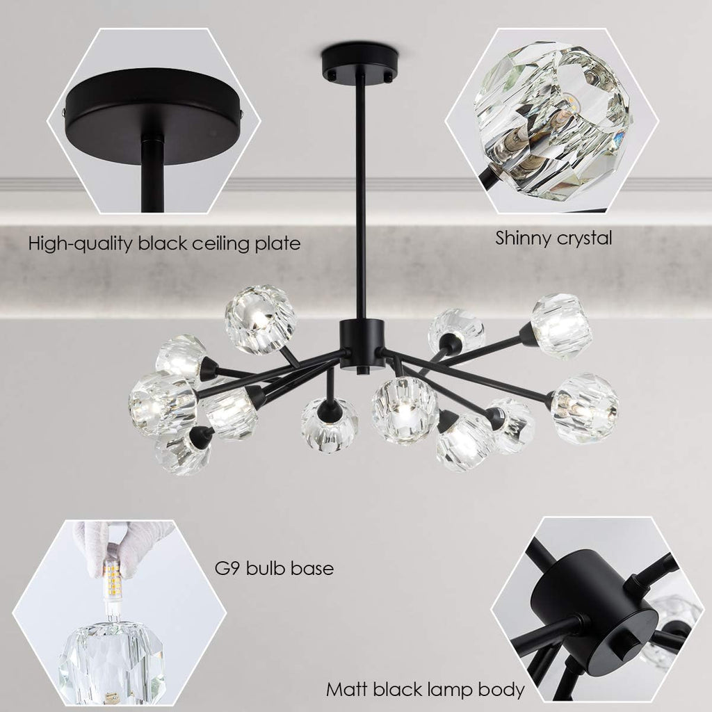 Weesalife Sputnik Chandeliers for Dining Room Light Fixture Over Table, Modern Crystal Chandeliers, 12 Lights Black Lighting Fixtures for Living Room Bedroom Kitchen Island Bar