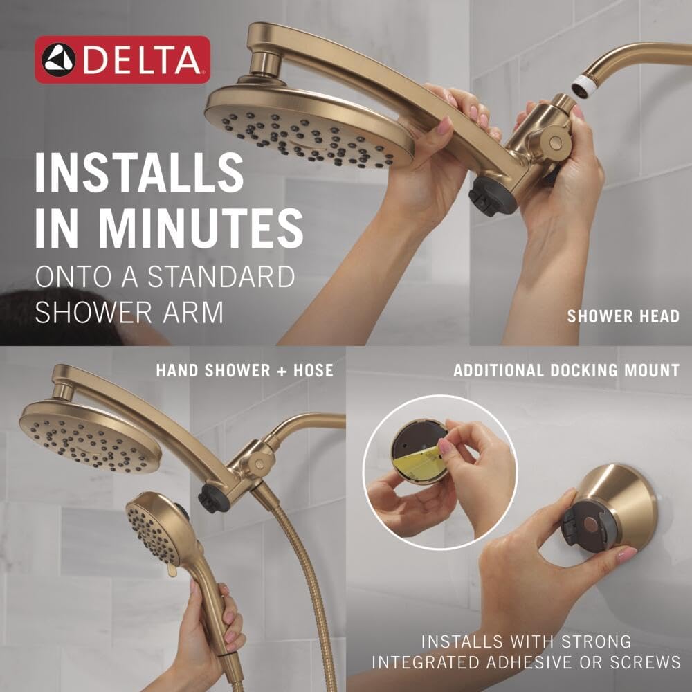 Delta 7-Setting PivotPro 3-in-1 Combination Shower Head with ProClean Spray, Brushed Gold Round Shower Head Rainfall with Handheld Spray, 2.5 GPM, Lumicoat Champagne Bronze 58600-CZ-PR25