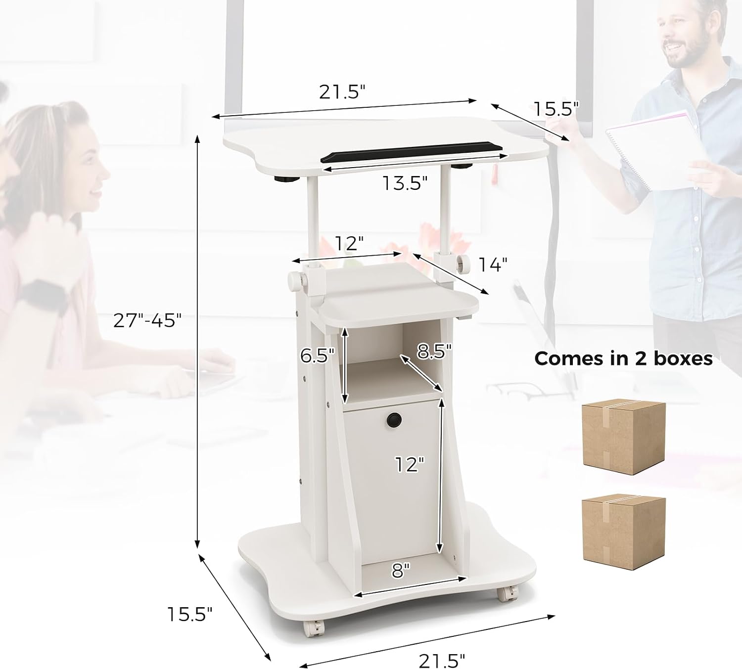 Giantex Mobile Podium Stand, Sit-to-Stand Laptop Cart with Tilting Tabletop & Storage Cabinet, Lockable Casters, Height-Adjustable Rolling Lectern for Classroom, Church, Home Office (White, 2 Pack)