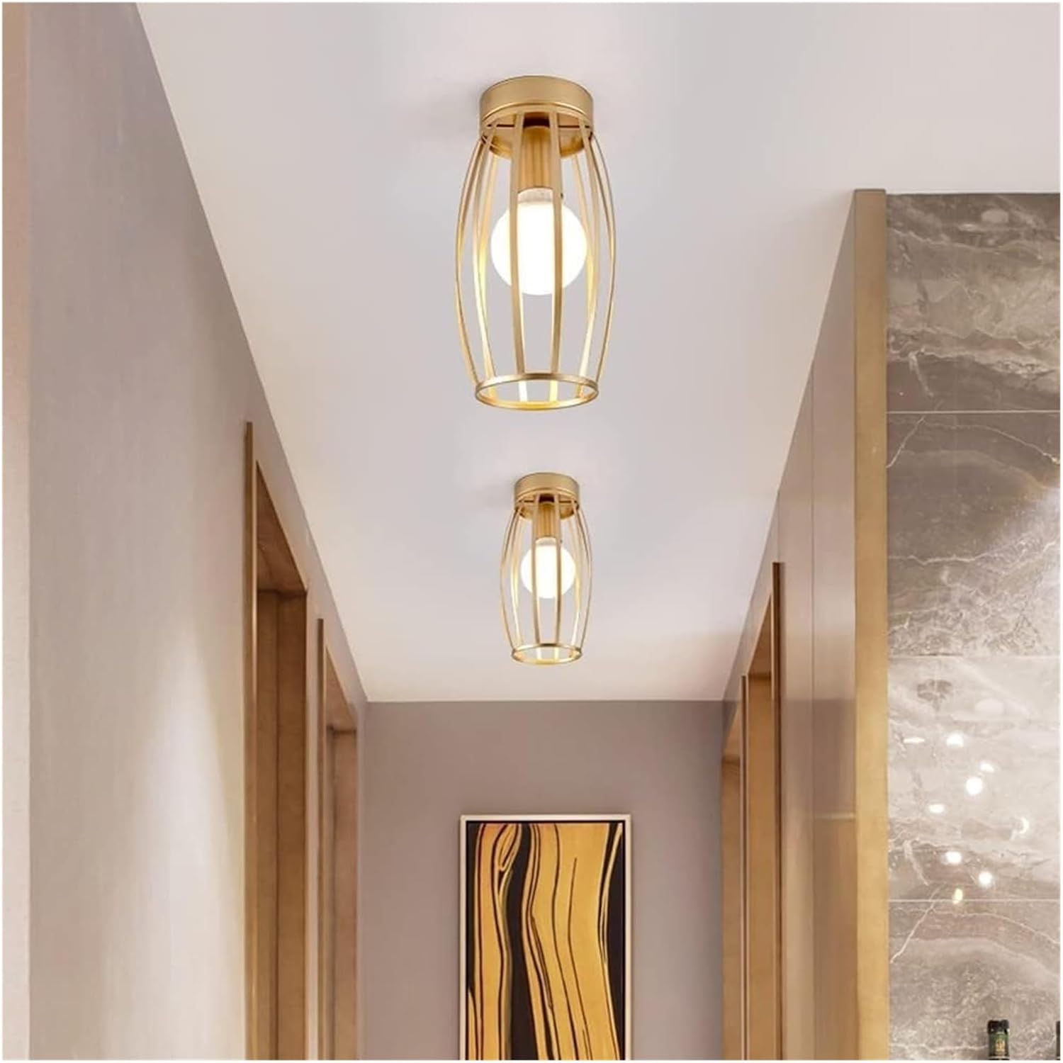Wall Light Wall Lamp Wrought Iron Frame Cage Ceiling Lamp Gold/Black Finish Ceiling Light Fixture Semi Recessed Ceiling Lighting Compatible with Cloakroom Entrance Lighting Fixtures (Color : Dark) ,Ch