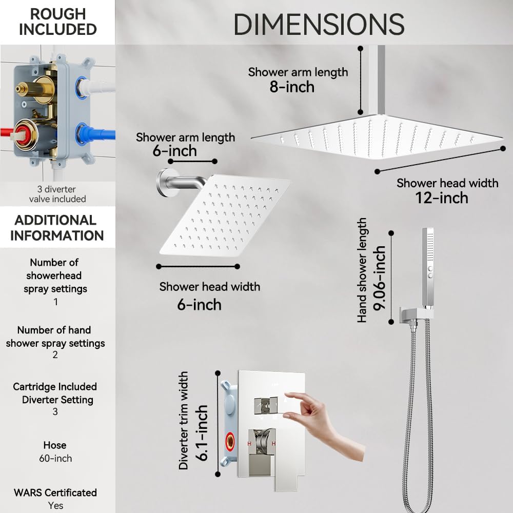 Shower System Shower Faucet Set, STARBATH 6'+12' Ceiling Mount Dual Rain Shower Head Set with 2 in 1 Handheld Spray,Rainfall Shower System with Diverter Valve and Trim Kit Complete,Chrome