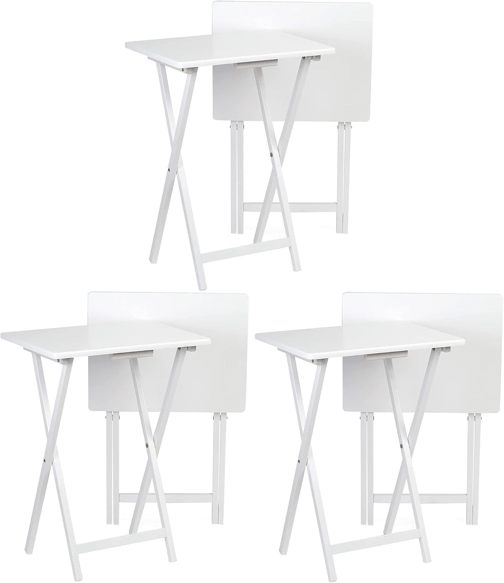 PJ Wood Conventional Solid and Sturdy Wood Construction Portable Folding TV Snack Tray Table Desk Serving Stand, White (6-Piece Set)