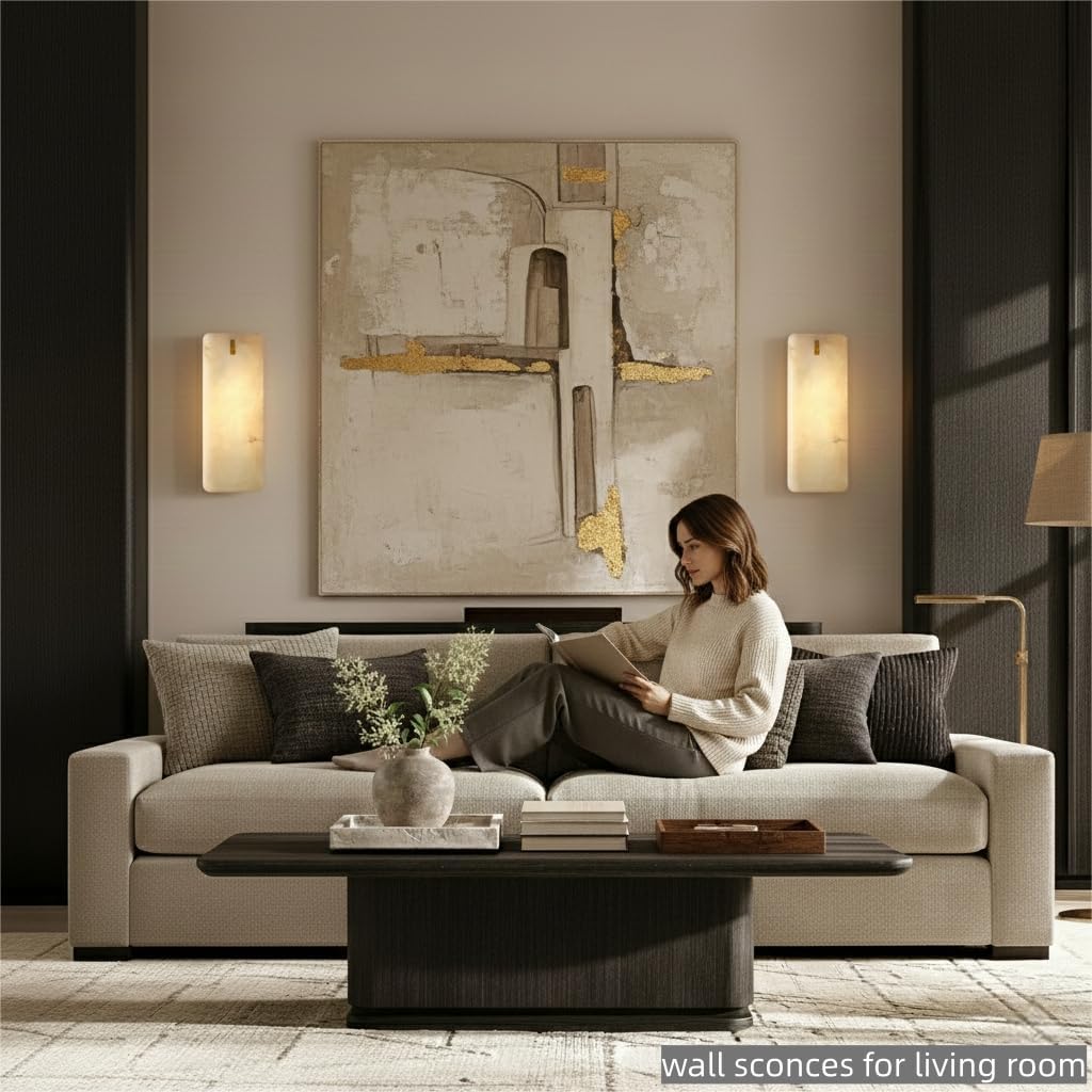 12 Inch Alabaster Wall Sconce, Natural Spanish Stone Brass Gold Wall Light, Modern Marble Sconces Dimmable E12 Hardwired Rectangular Vanity Light Fixture for Bathroom Mirror, Hallway Corridor(1 Pcs)