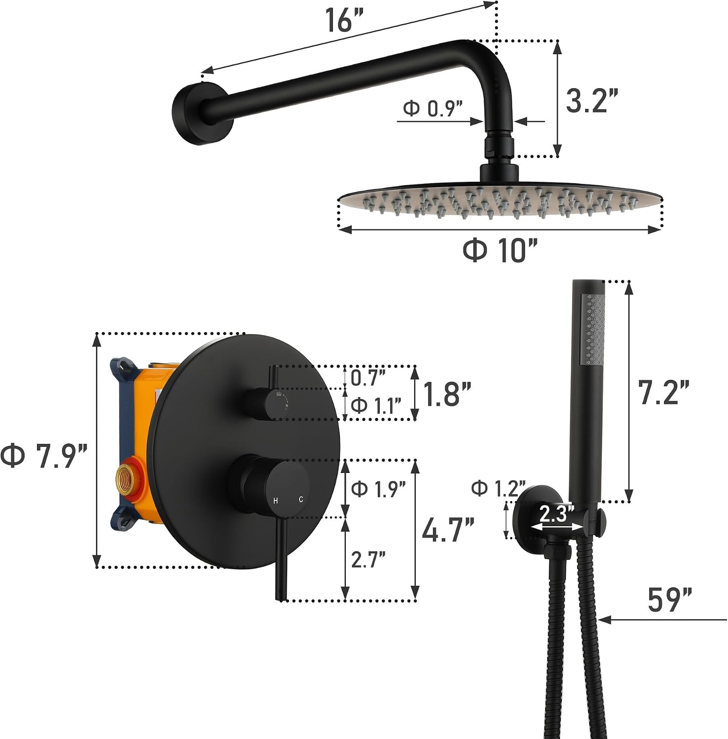 MONDAWE Round Shower Faucet Set, Wall Mounted Shower System 10 Inch Rainfall Shower Head with Handheld Combo, Matte Black High Pressure Rainfall Shower Set -Valve Included