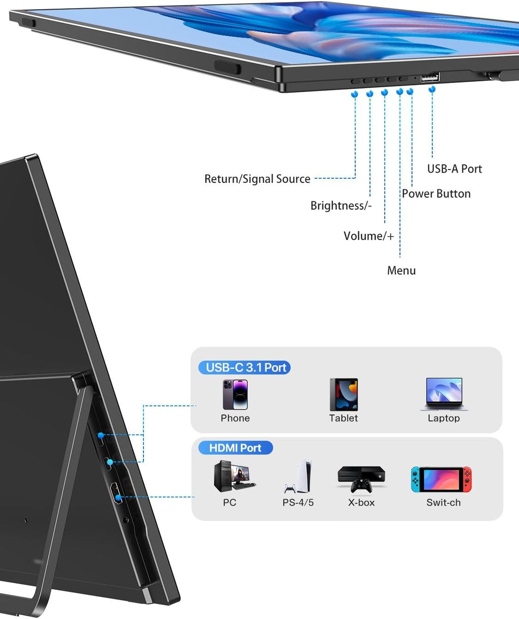 21.5'' Large Portable Monitor for Laptop 100Hz Ultra-Fast IPS Gaming Monitor, QLED 125%sRGB | 2000:1 Contrast | Built-in Stand, Speaker and VESA, USB-C HDMI Second Screen Efficient Work Gaming