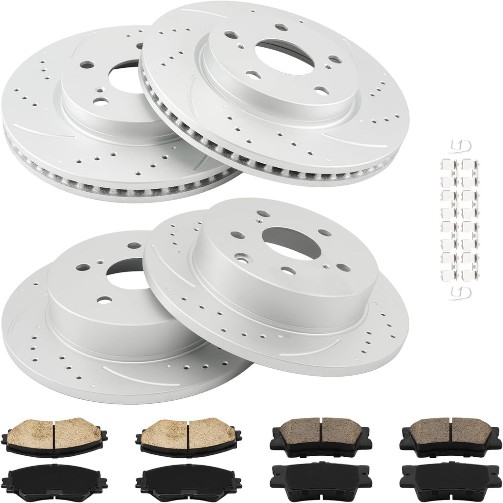 Torchbeam Brake and Rotor Kit Front and Rear Brake Pads Brake Rotors Ceramic Compatible with Toyota RAV4 2006-2008 2.4L, Drilled Slotted 10.82'' (275mm) Front and 11.06'' (281mm) Rear Rotor