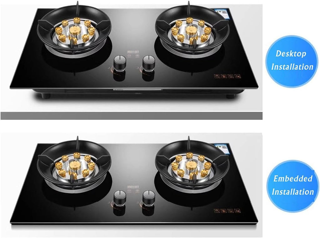 NIKKHO Gas Stove 2 Burners,Built-in Black Glass Gas Hob with Timer and Flame Failure Protection,NG/LPG Convertible,Desktop/Embedded Pulse Ignition (Color : NG)