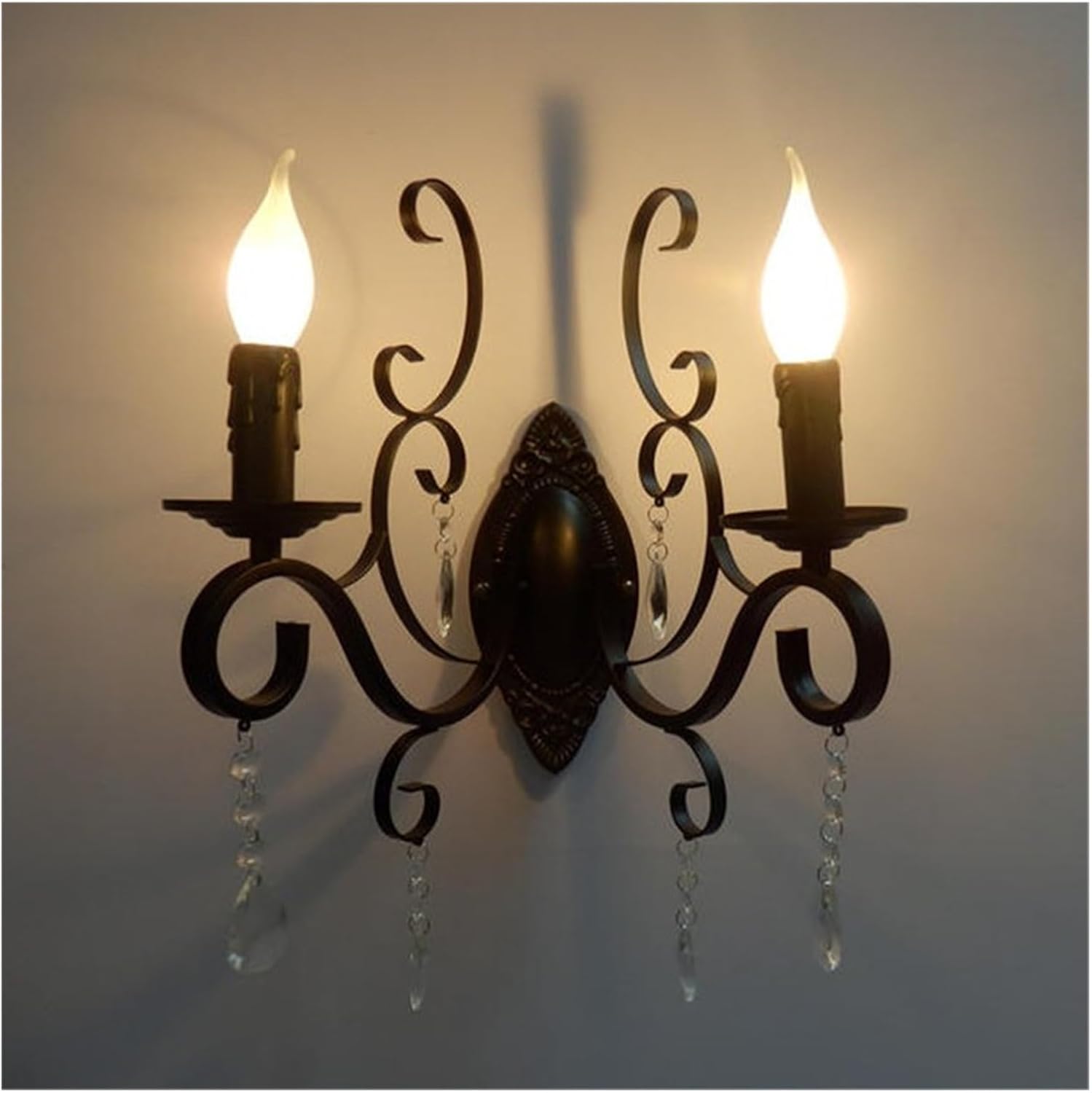 European Classic Vintage Wall lamp Black Wrought Iron Body Crystal Deco Candle Wall Light Fixture for Living Room Bedroom Stairs,Elegant
