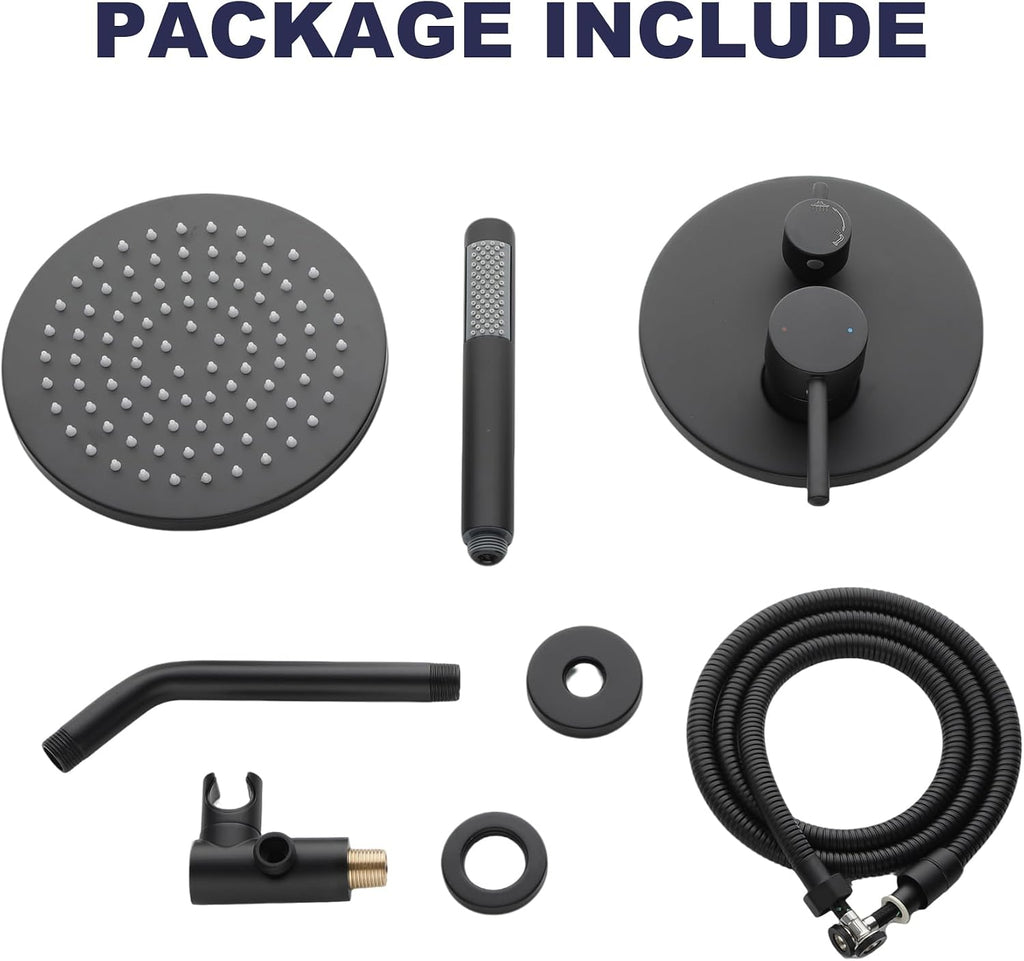 Shower System, Black Shower Faucet Set, 8' Rainfall Shower Head and Handheld Spray Combo, Round Shower Head and Handle Set with Valve and Trim Kit, Matte Black