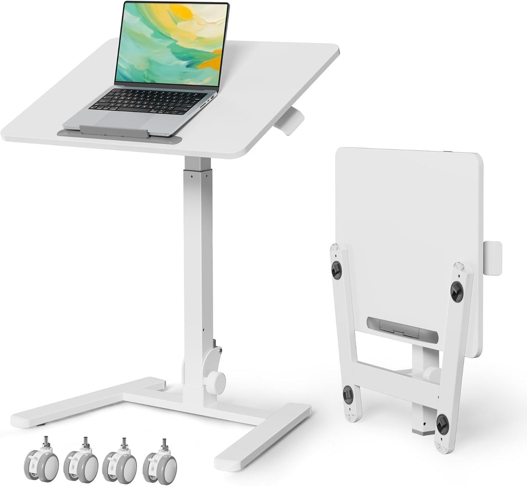 Gibbon Mounts Foldable Standing Desk，Small Mobile Sit-Stand Desk with 90 Tiltable Top，Rolling Rising Laptop Workstation Adjustable Height，Portable Table on Hidden Wheels/4 Lockable Casters，White