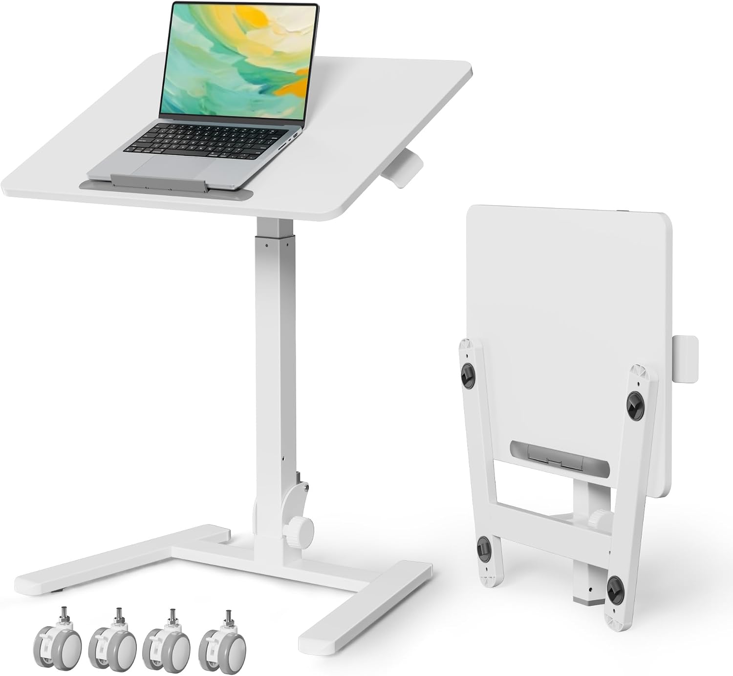 Gibbon Mounts Foldable Standing Desk，Small Mobile Sit-Stand Desk with 90 Tiltable Top，Rolling Rising Laptop Workstation Adjustable Height，Portable Table on Hidden Wheels/4 Lockable Casters，White