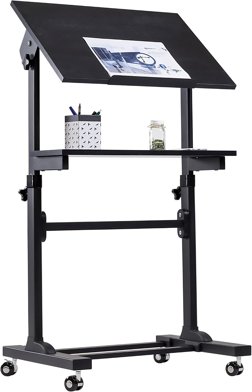 Mount-It! Portable Standing Desk with Wheels, Rolling Mobile Laptop Desk, Height Adjustable Sit Stand Workstation (41.3″–50″), Small Compact Mobile Lectern Podium for Home Office, Classroom & Training