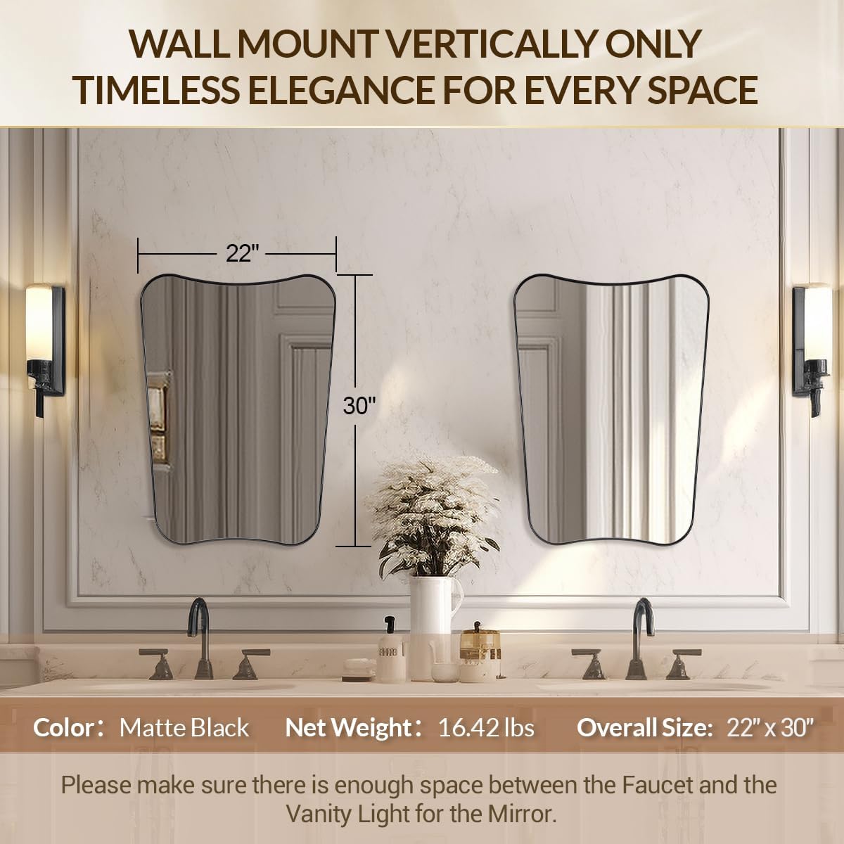 MIRRORART Contempoary 22x30'' Black Vanity Mirror for Bathroom Sink | Medium Irregular Wall Mirrors Butterfly-Shaped in 1'' Premium Metal Frame for Home Remodel, Entryway, Hang Vertical Only