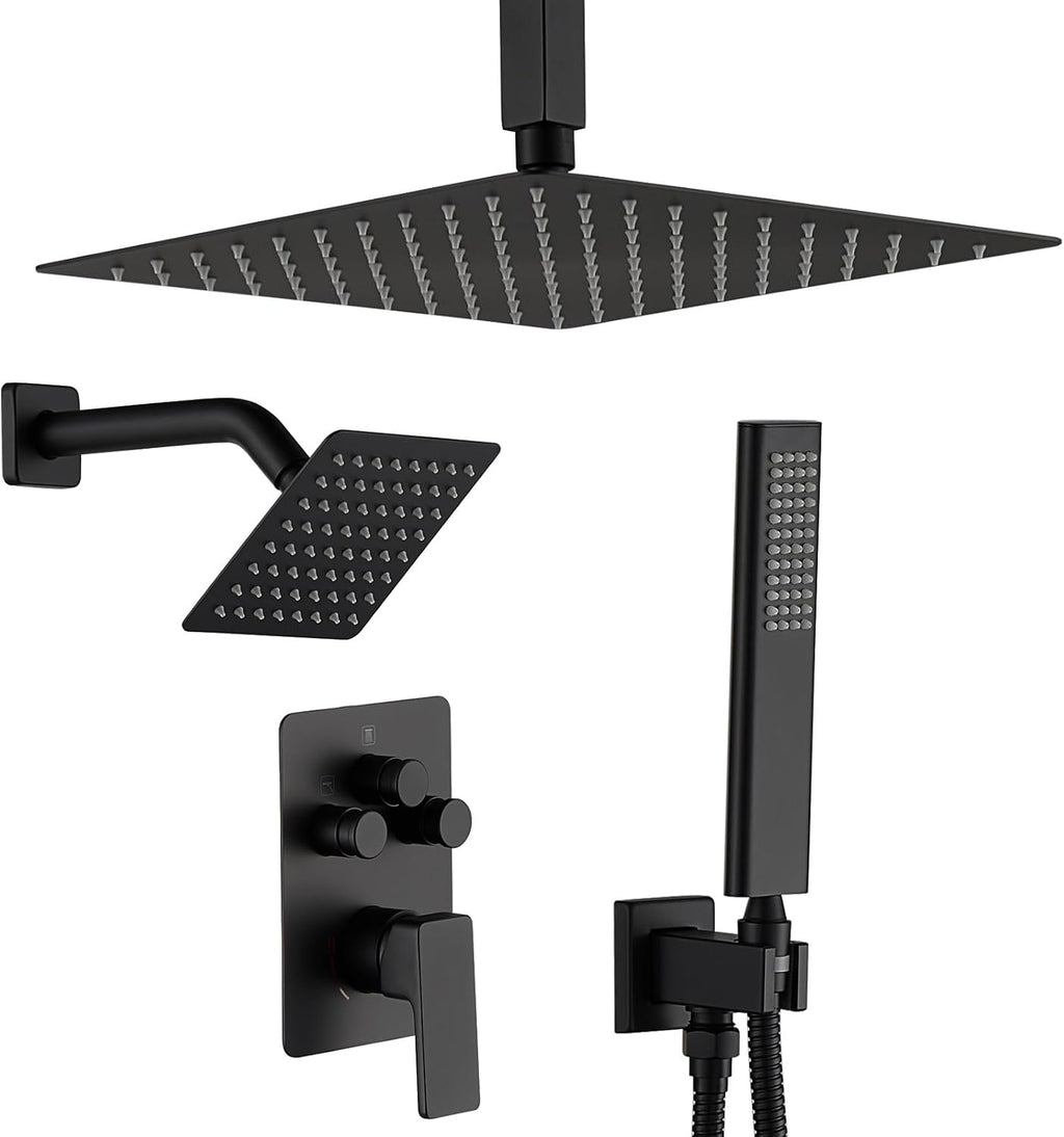 Shower Faucet Set, Matte Black Shower System with Rain Shower and Handheld Bathroom Rainfall Ceiling 12 Inch Shower Set with Valve