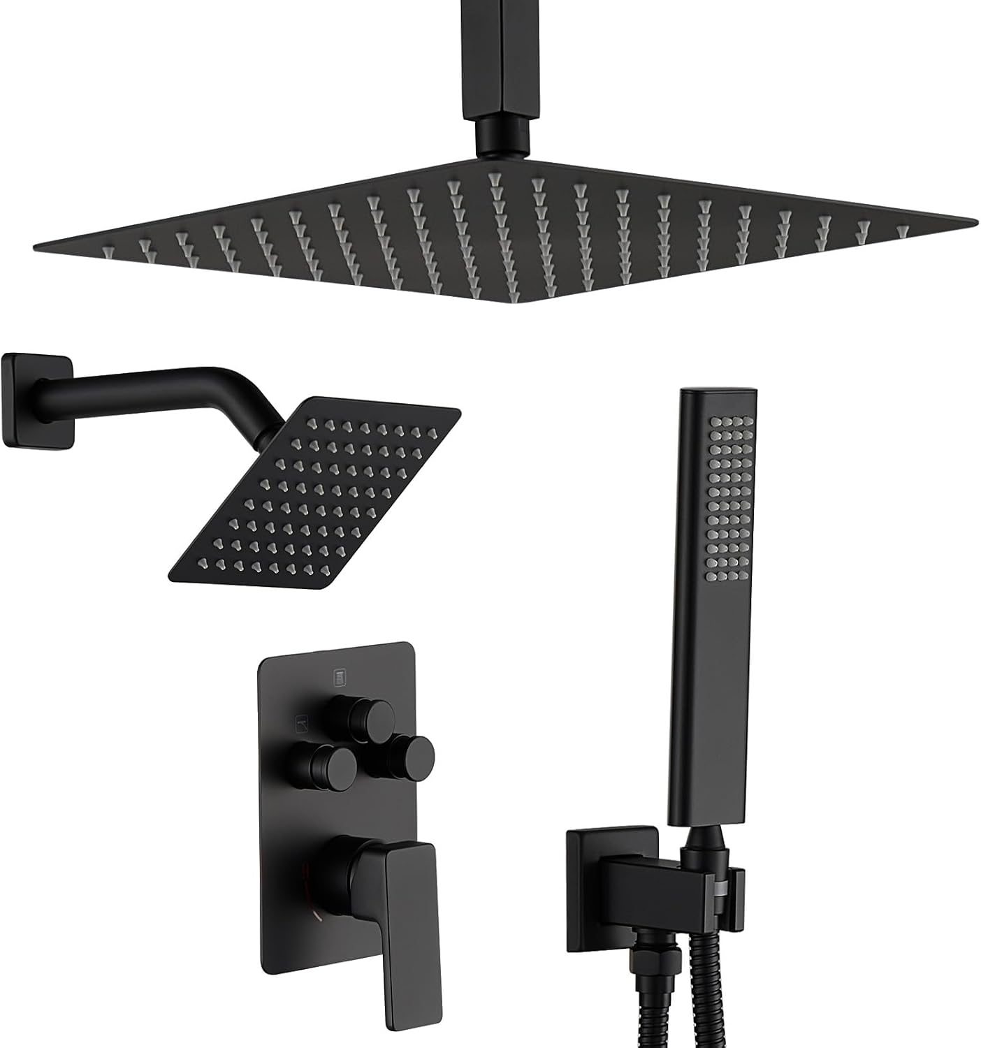 Shower Faucet Set, Matte Black Shower System with Rain Shower and Handheld Bathroom Rainfall Ceiling 12 Inch Shower Set with Valve