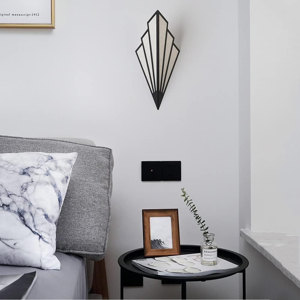 Antique Fan-Shaped Wall Light - Art Deco Wrought Iron Sconce, Linen Lampshade, Unique Triangle Design for Living Room, Bedroom, Aisle - Elegant Wall Lighting Fixture,Black-2 Heads