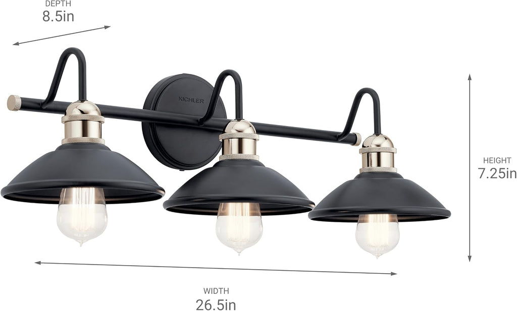Kichler Clyde 3-Light Bathroom Vanity Light Fixture with Vintage Industrial Design in Black Finish, Wall Mount Over Mirror Lighting for Bathroom (7.25' x 26.5' x 8.25'), 45945BK