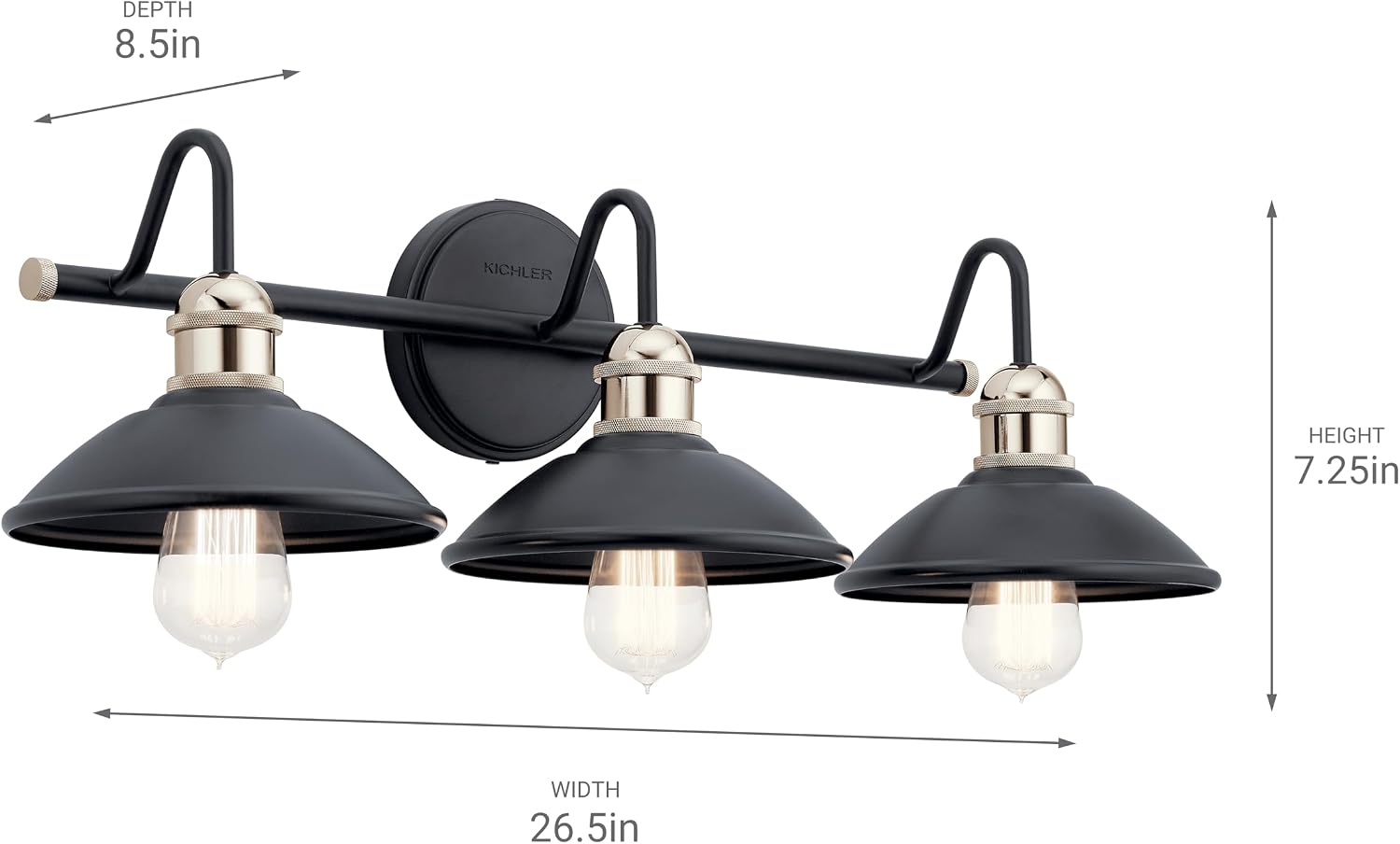 Kichler Clyde 3-Light Bathroom Vanity Light Fixture with Vintage Industrial Design in Black Finish, Wall Mount Over Mirror Lighting for Bathroom (7.25' x 26.5' x 8.25'), 45945BK