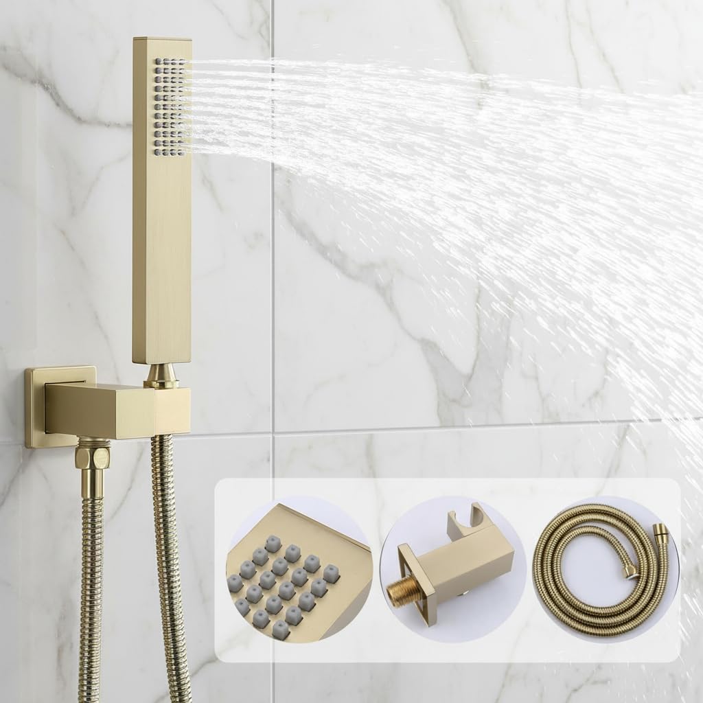 Brushed Gold Shower System with 3 Rain Shower Head(12+8+8 inch), Handheld Spray, 4 Way Smart Temperature Display Shower Faucet set