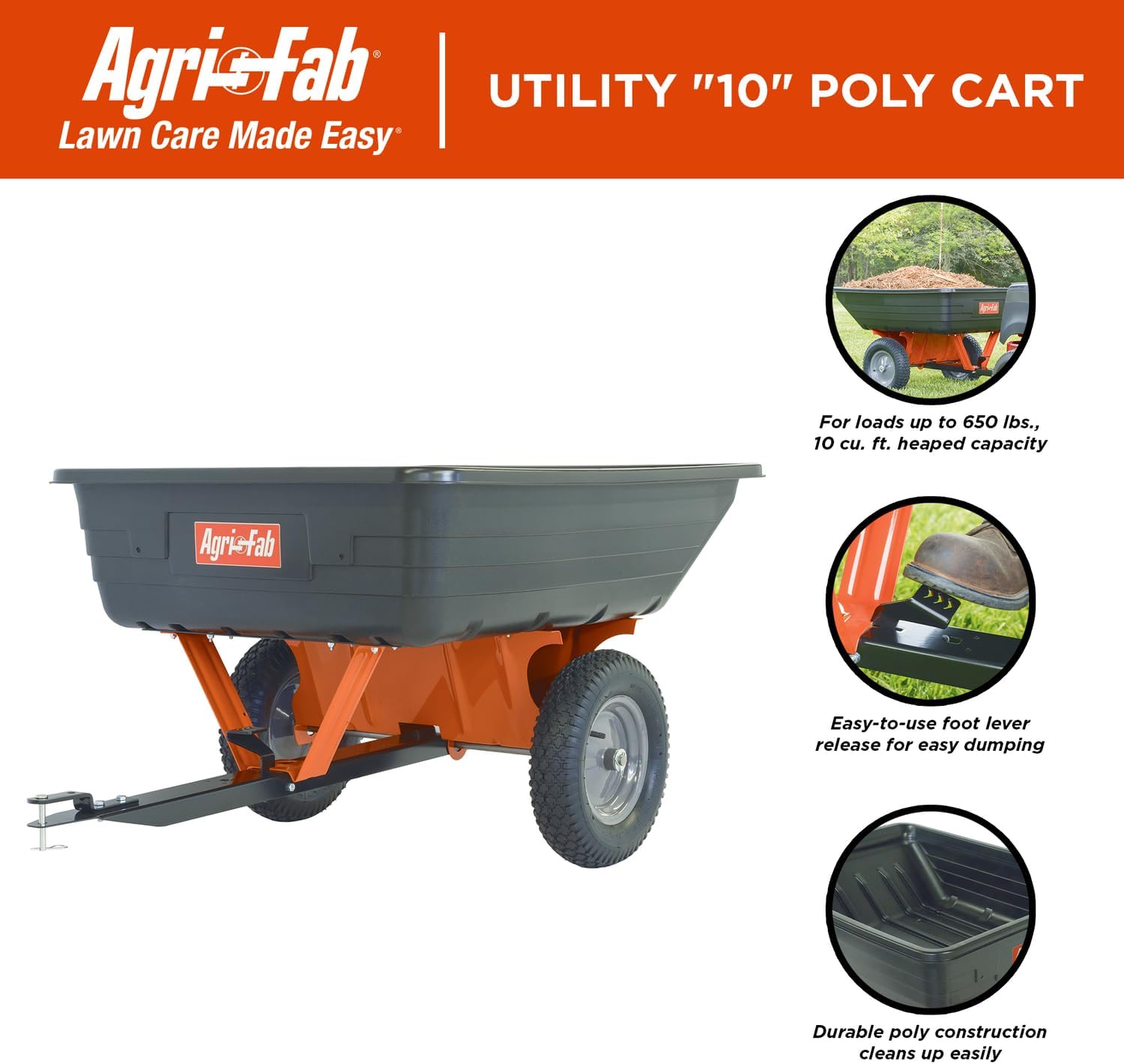 Agri-Fab 45-0533 650 lbs Tow Behind Poly Dump Cart, 10 CU. FT.; Lawn & Garden Cart/Trailer for Lawn Mowers, 16' Pneumatics Tires, Easy to Use Foot Pedal Dumping Lever