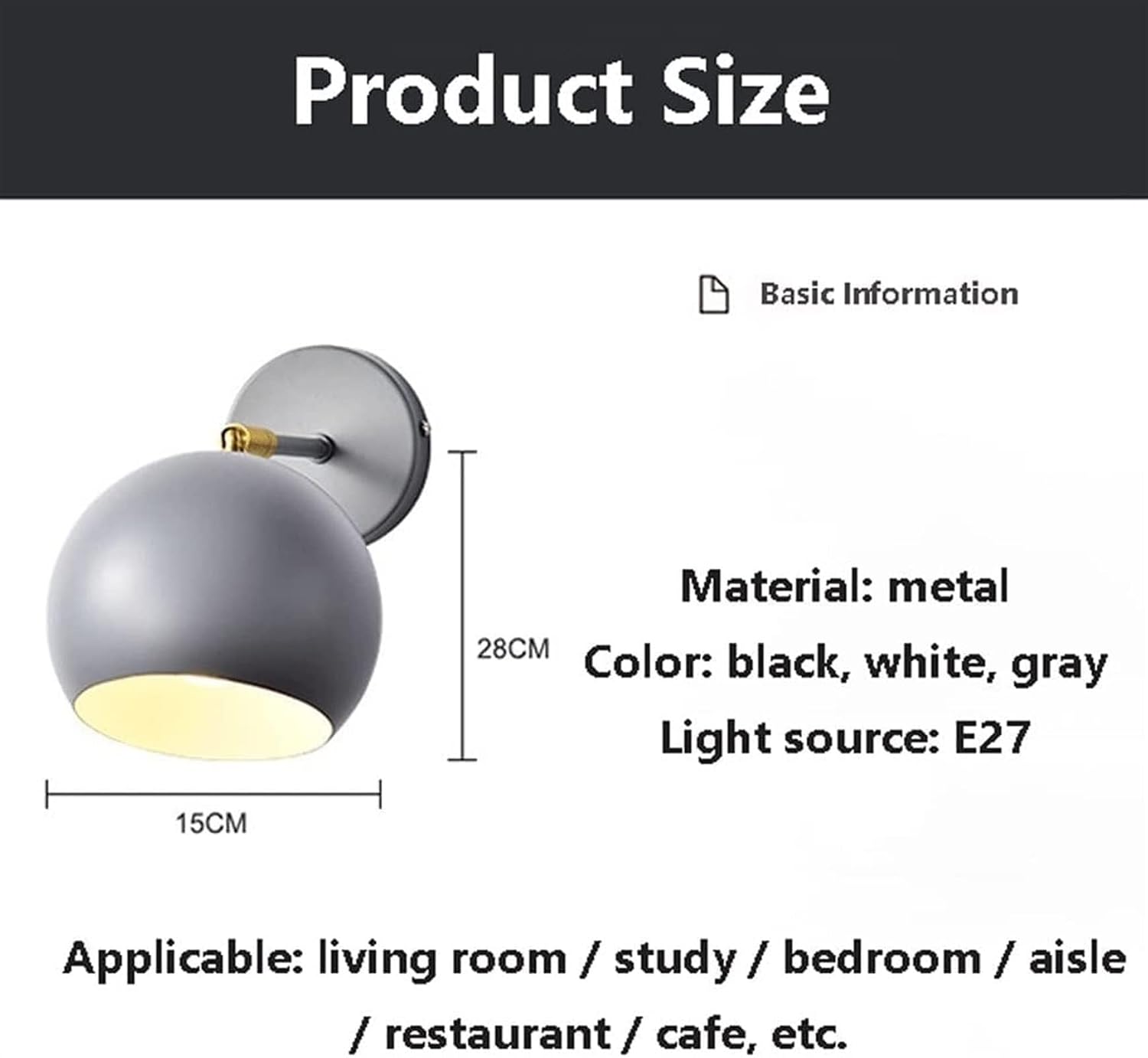 Wall Lamp Modern Black Reading Wall Light, Wall Lamp for Bedroom with Wrought Iron Lamp Shade, Indoor Globe Wall Sconce, Adjustable Hanging Bedside Wall Lamps, Lighting Fixture for Hallway Basement Fa