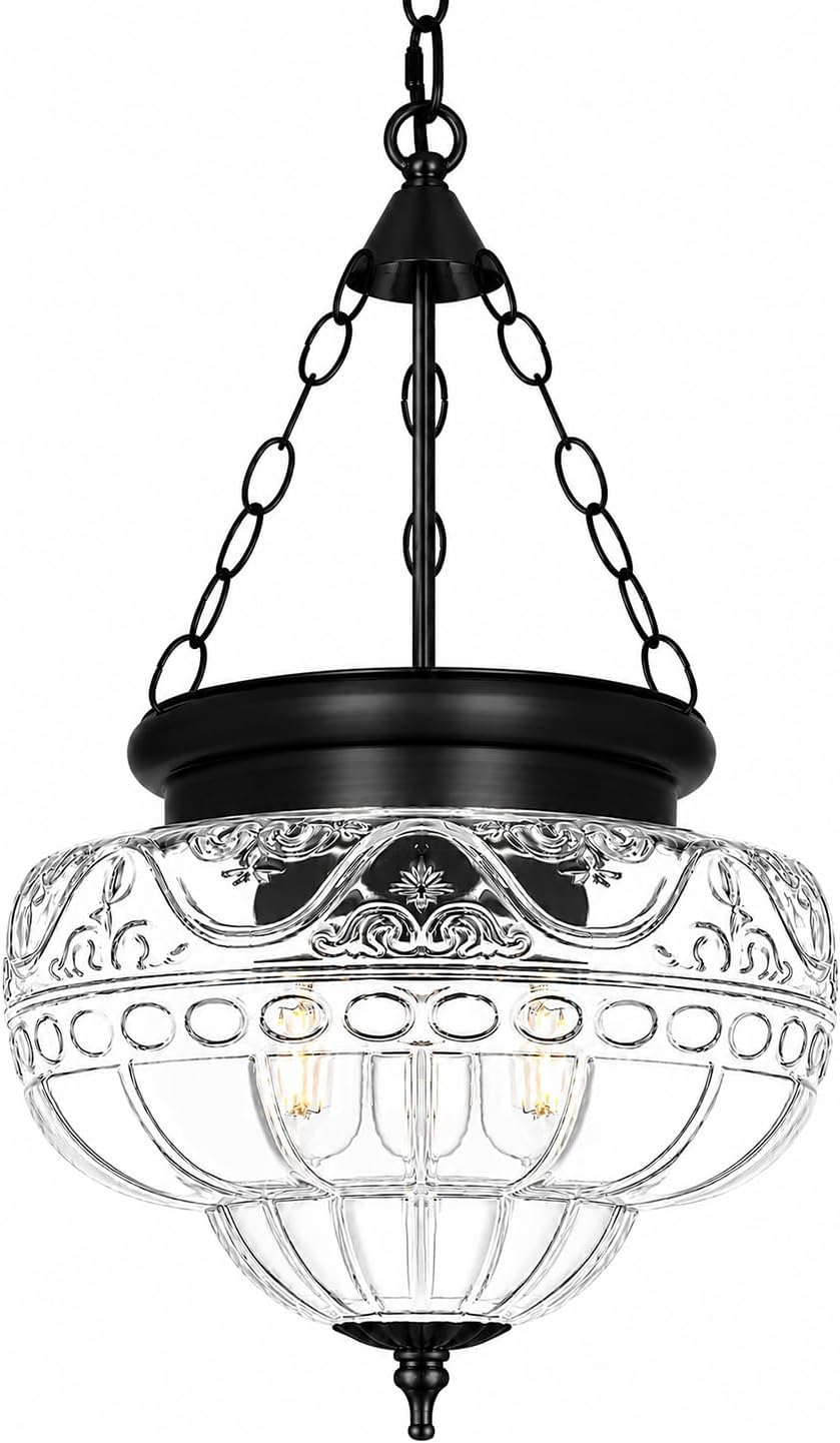 3-Light Matte Black Pendant Lights with 12In Floral Glass, Penant Lighting Fixture with Adjustable Chain, Vintage Pendant Lights Kitchen Island, Hanging Light Fixtures for Dining Room Entryway, E26*3