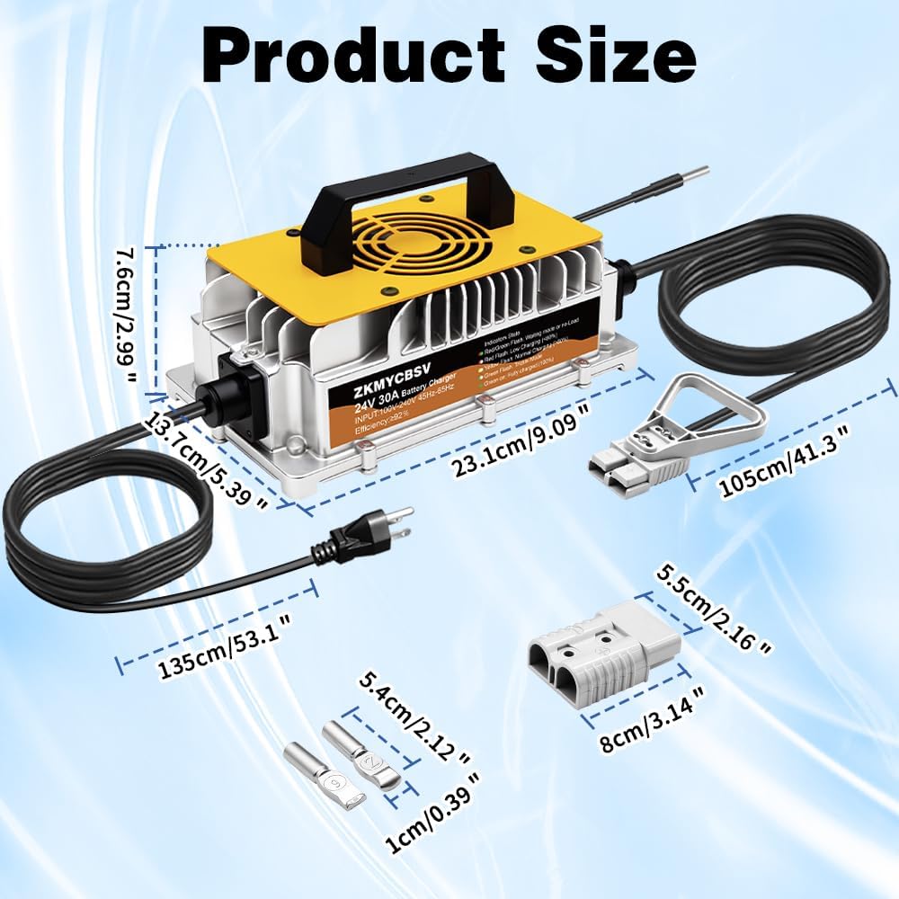 24V 30A Forklift Battery Charger, 24V 30A Smart Trickle Charger, 24 Volt Battery Charger for Lead-Acid/AGM/Gel Batteries, Suitable for Sicorssors Lift, Pallet Jack, Lawn Mower, Floor Scrubberb