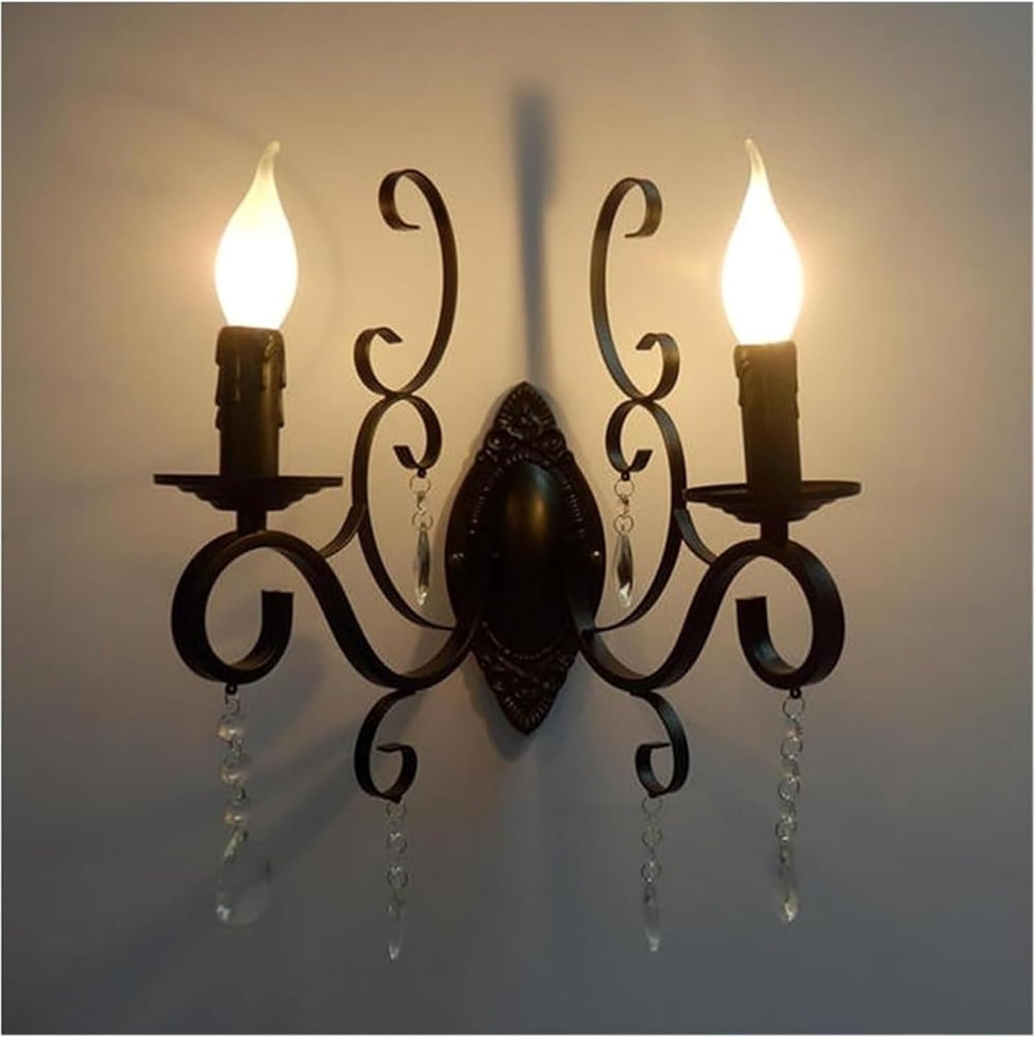 European Classic Vintage Wall lamp Black Wrought Iron Body Crystal Deco Candle Wall Light Fixture for Living Room Bedroom Stairs(Clear 1light)(Clear,2lights)
