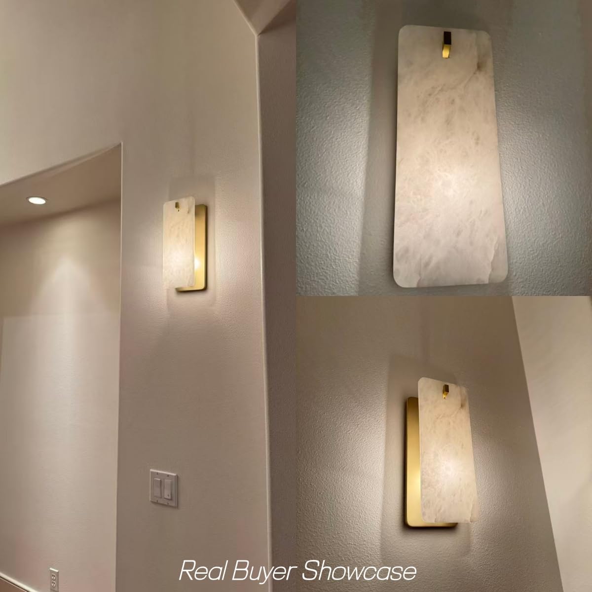 12 Inch Alabaster Wall Sconce, Natural Spanish Stone Brass Gold Wall Light, Modern Marble Sconces Dimmable E12 Hardwired Rectangular Vanity Light Fixture for Bathroom Mirror, Hallway Corridor(1 Pcs)
