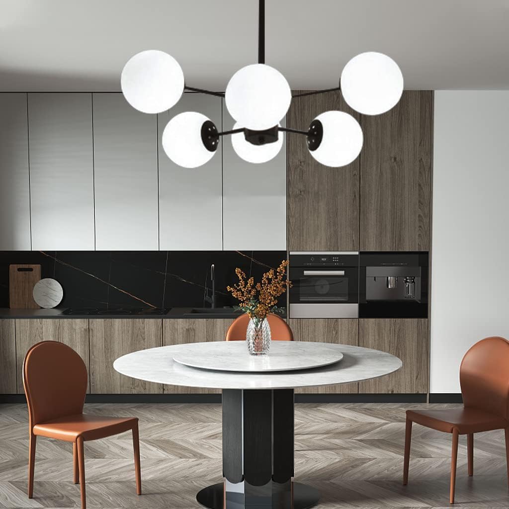 E27 Pendant Light Modern Pendant Lamp Creative Decoration Living Room Chandelier Wrought Iron Hanging Lamp Glass Ball Ceiling Lamp, Black, 6 Heads