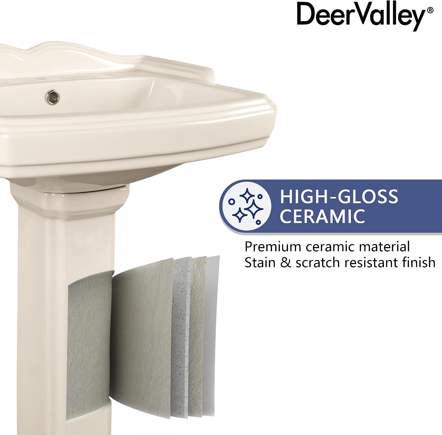DeerValley 23x19 Inch Bone Colored Pedestal Sink Combo with Overflow and Single Faucet Hole, Ceramic Bathroom Vanity Sink, Model DV-1P522BN01