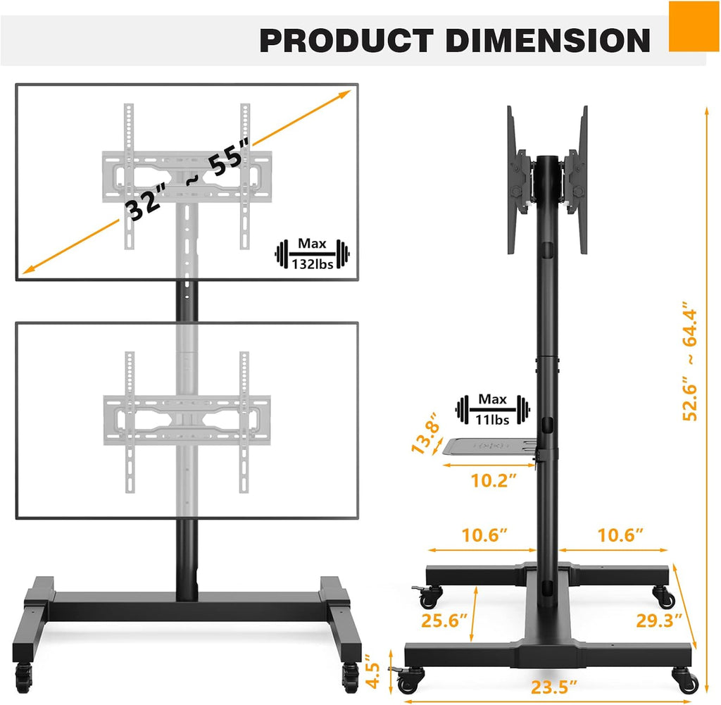 5Rcom Rolling/Mobile TV Cart with Wheels for 32 to 55 Inch LCD LED 4K Flat Curved Screen Vertical TVs-Height Adjustable Screen Tilt Rolling TV Stand for 2 TVs with Laptop Shelf Holds Up to 132 lbs