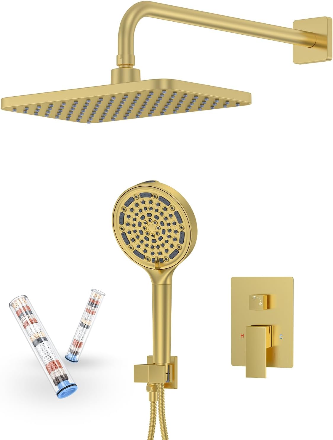 Brushed Gold Shower System Set - Complete with Valve Kit, Rainfall & Filtered Handheld Shower Head spray, Modern Bathroom Fixtures