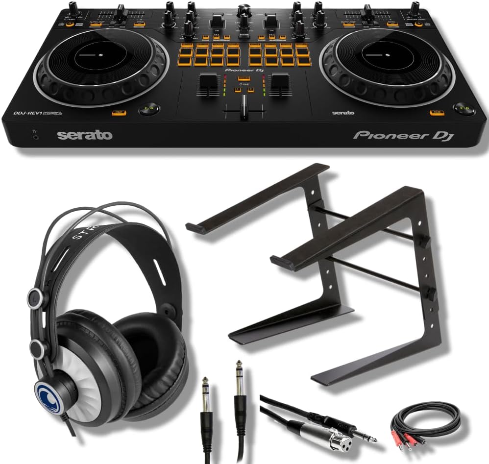 Pioneer DDJ-REV1 DJ Controller Bundle with Adjustable Laptop Stand for DJ's, Monitoring Headphones, Essential Cables and StreamEye Polishing Cloth