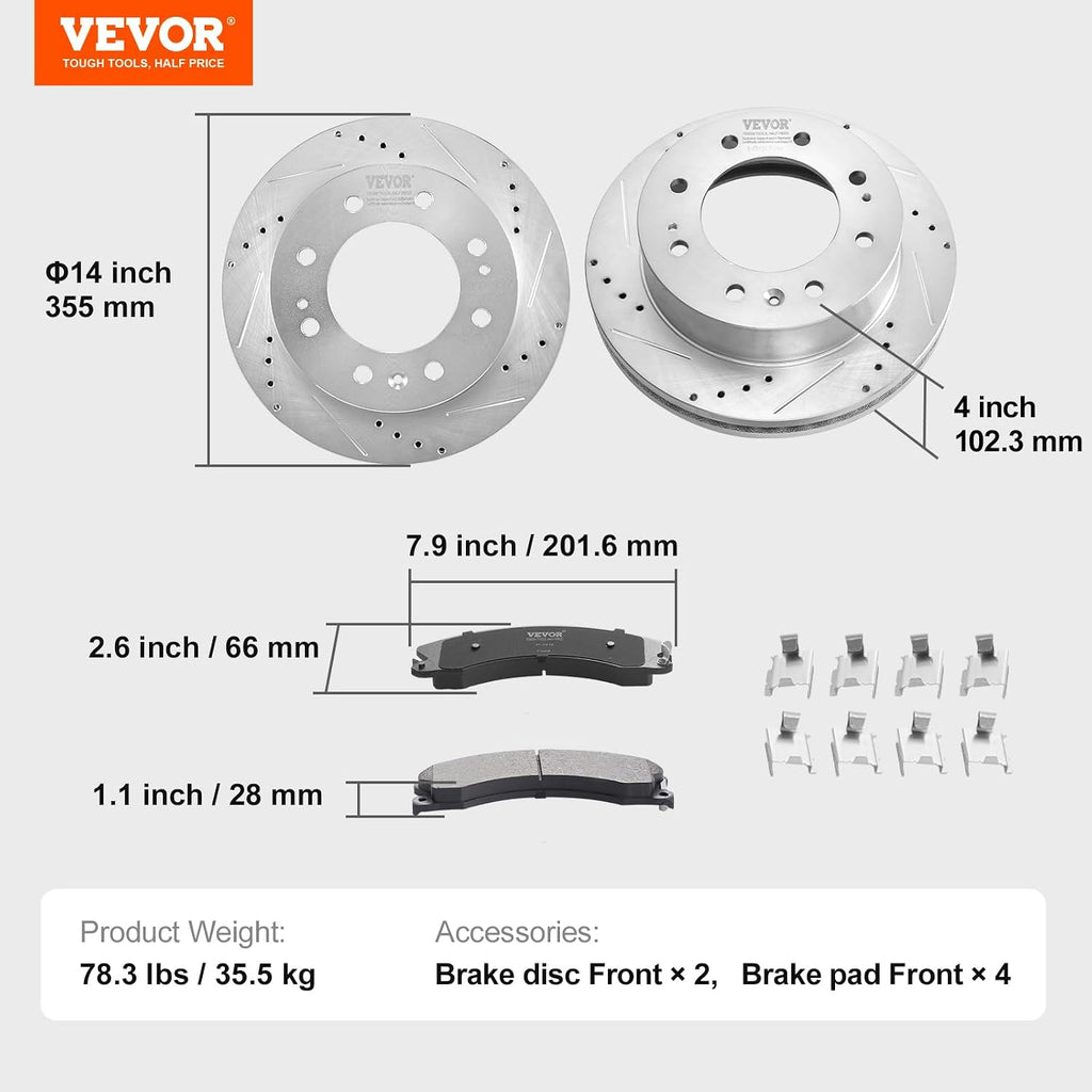VEVOR Front Brake Kit Compatible with 2011-2019 Chevy Silverado GMC Sierra 2500 3500 HD, Drilled and Slotted Brake Rotors Ceramic Brake Pads Replacement Kit, 14' Front Rotors