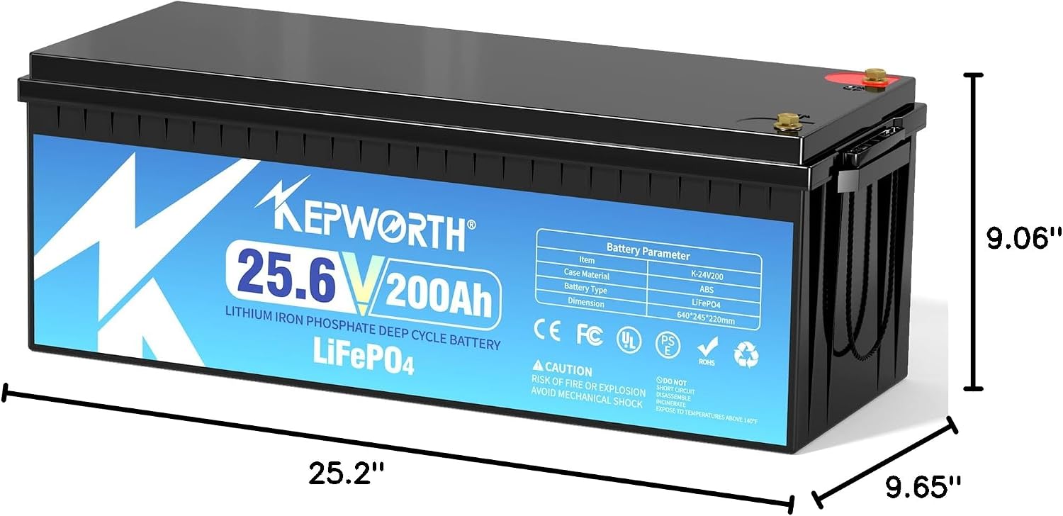 KEPWORTH 24V 200Ah LiFepo4 Battery, Rechargeable Lithium Batteries, 5.12KW Independent Power, Perfect for Boat, Marine, RV, Solar, Trolling Motor, Household Appliance, Off-grid Life