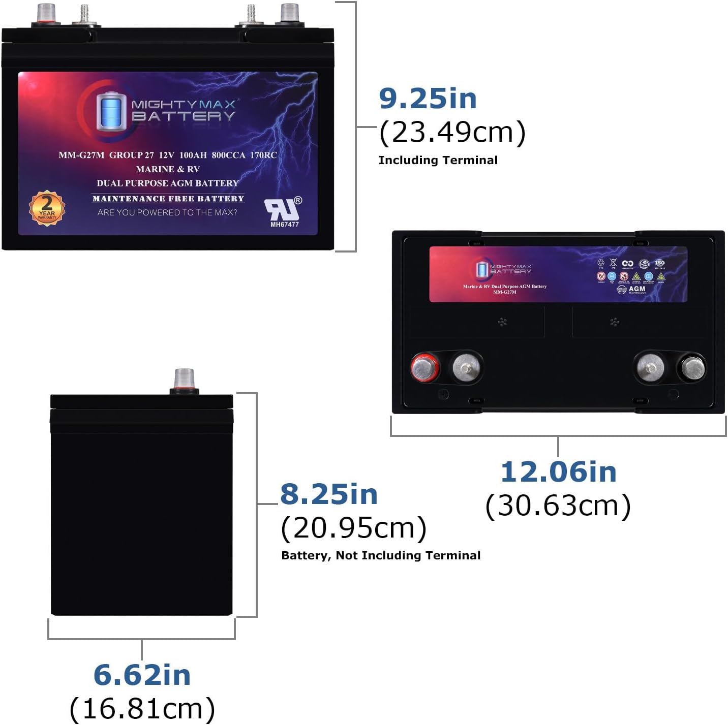 Mighty Max Battery MM-G27M, 12V 100Ah, Group Size 27M Deep-Cycle Marine AGM, Dual-Purpose Starting & Deep Discharge, 800 CCA, 850 MCA, 170 RC, Spill-Proof Maintenance-Free Battery